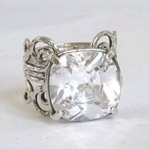 Vintage Sterling Silver Large Chunky Filigree Huge Cushion Cut CZ Crystal Ring